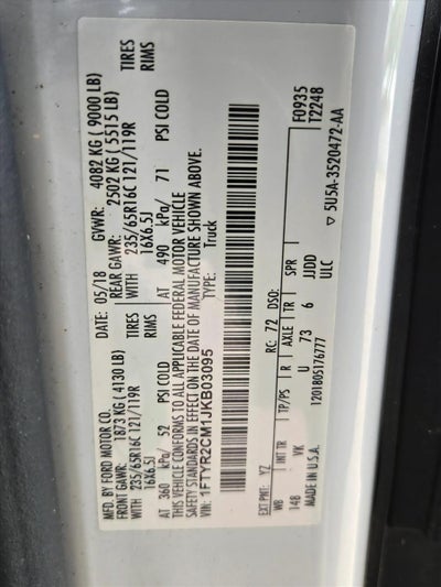 2018 Ford Transit Van T-250 148" Med Rf 9000 GVWR Sliding RH Dr