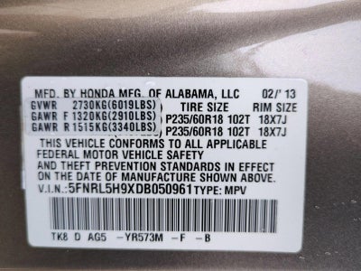 2013 Honda Odyssey Touring with DVD Rear Entertainment System and Navigation