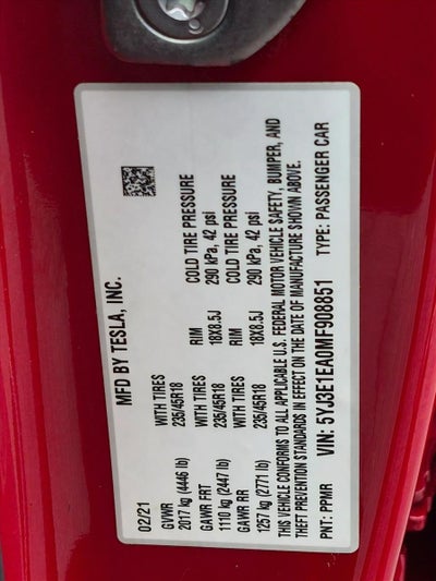 2021 Tesla Model 3 Standard Range Plus RWD